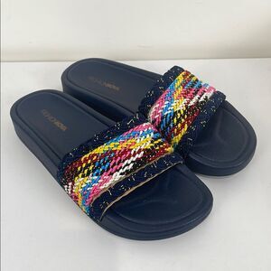 Fashion Nova Women's 10 Multicolor Slide Sandals Navy Blue Summer Festive